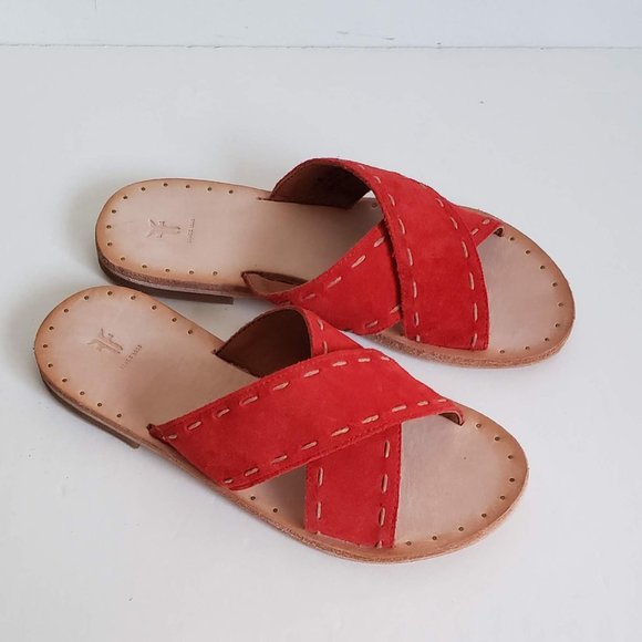 New FRYE Avery 5.5 - 6 Leather Suede Sandals Flat Slide Slip-on Contrast Stitch - Picture 9 of 13